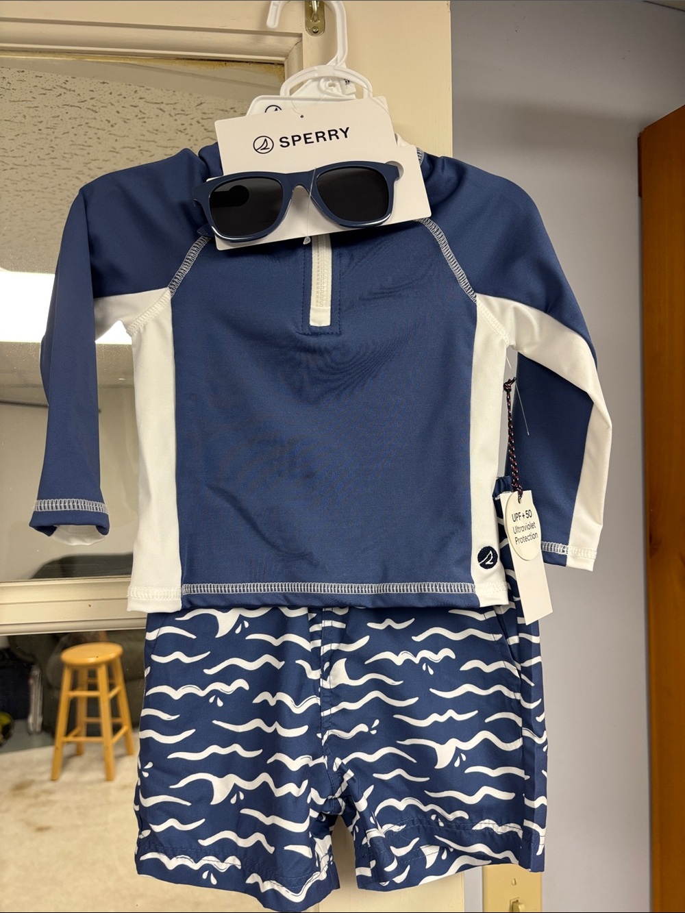 Sperry Navy and White Boys Rash Guard Swim Set with Sunglasses